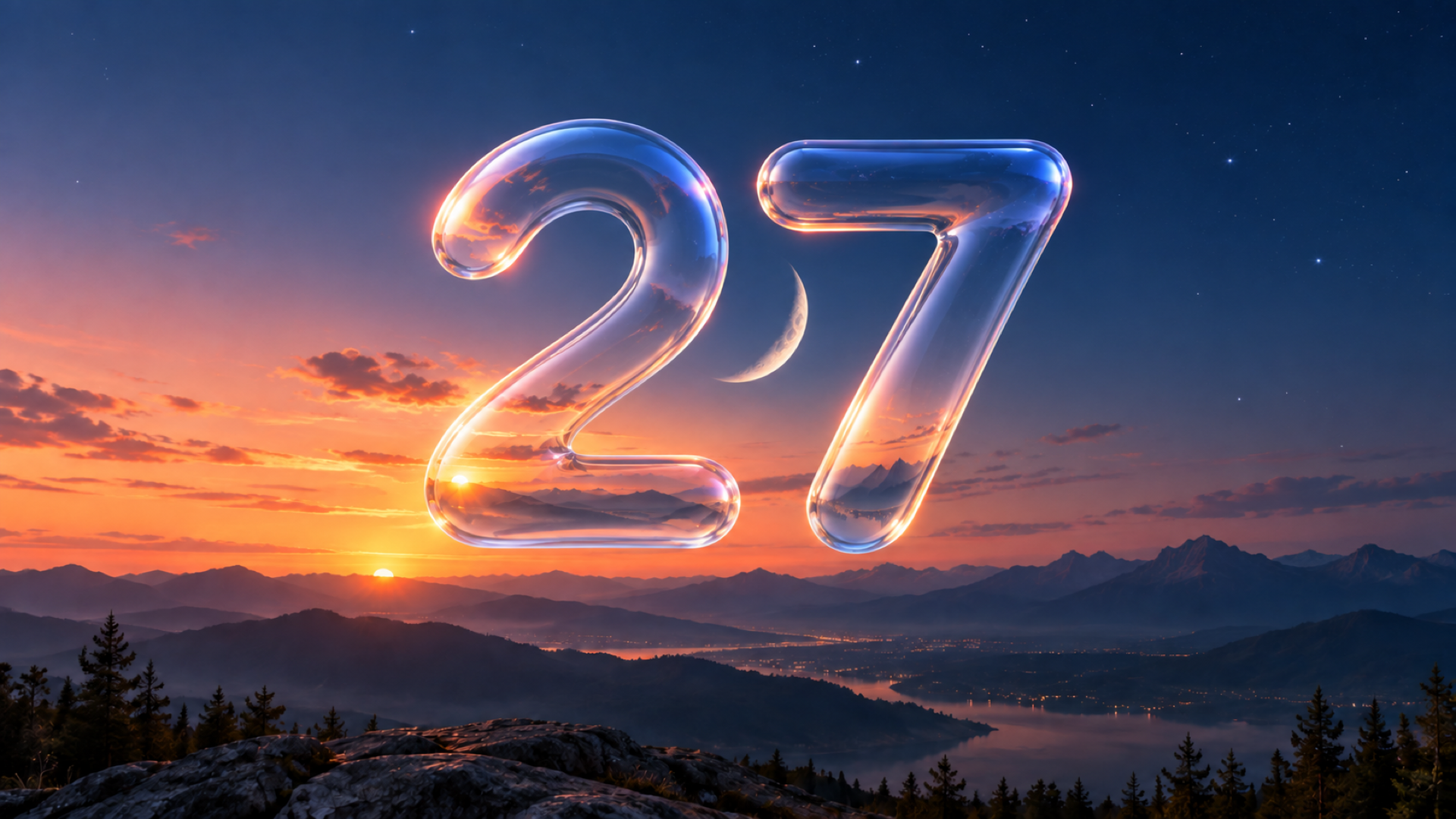 A glass number 27 floating over a clear blue twilight sky