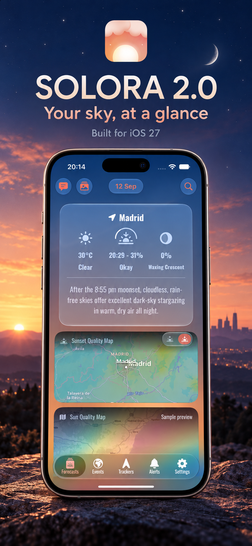 Solora 2.0 on iOS 27 showing a personalized sky forecast