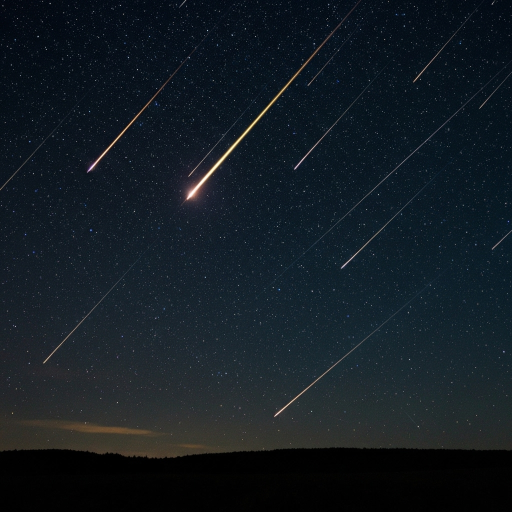 Perseid meteor shower streaking across the night sky with Milky Way visible in background